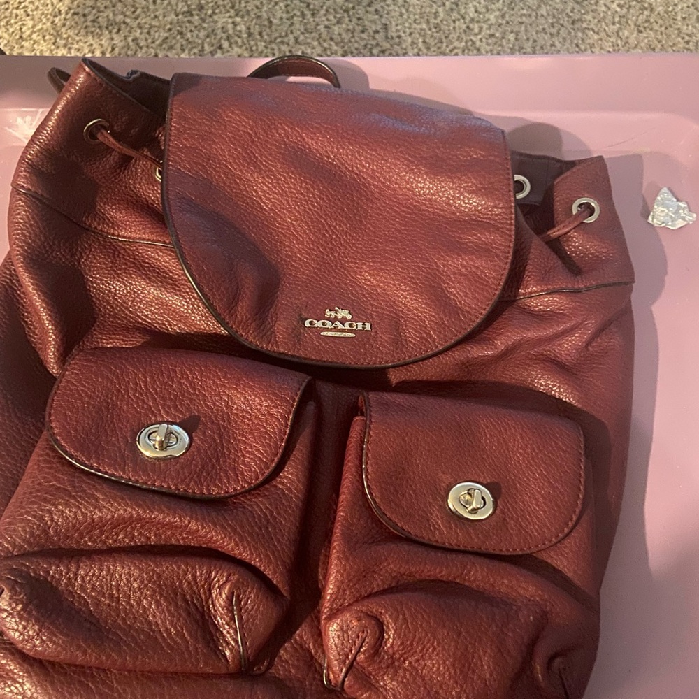 Coach Brown Multi-Pocket Leather Backpack with Silver Hardware